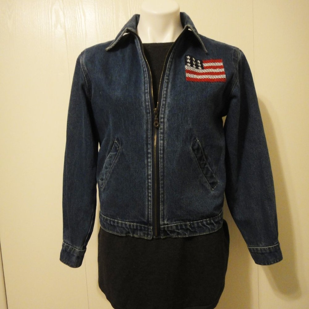 Agapo Denim Jeans Jacket Embroidered USA Flag